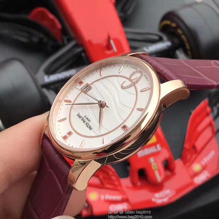 百達翡麗PATEK PHILPPE F1精品 流光皎潔輕奢復古 2019新款 6顆紅寶水晶錶盤 小牛皮錶帶 女士腕表  wssb4298